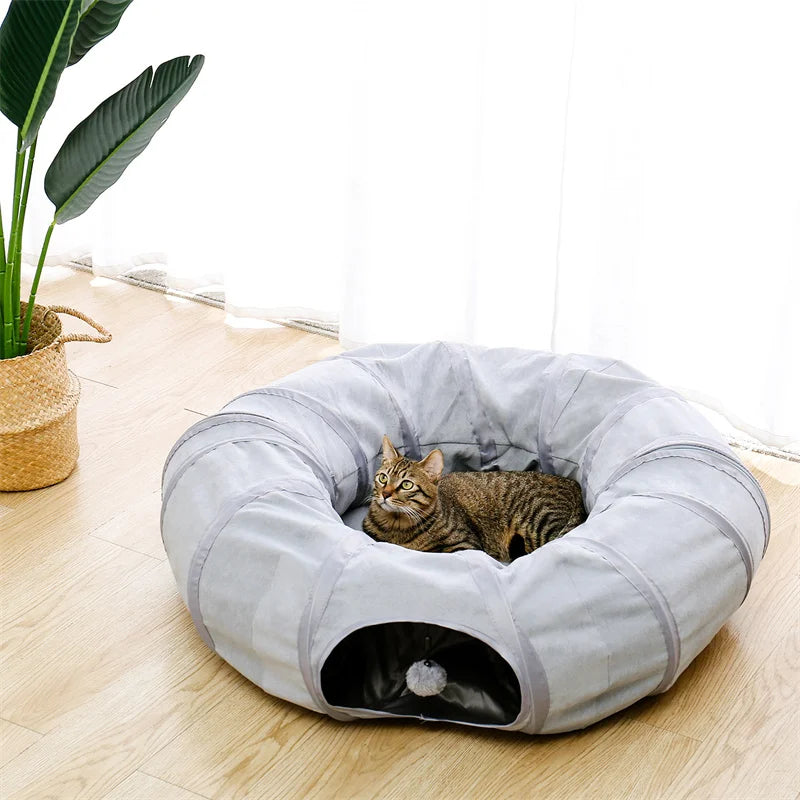 Interactive Collapsible Cat Tunnel with Plush Ball, Peek Holes, Mat Cushion, and 3 Tubes for Indoor Pets