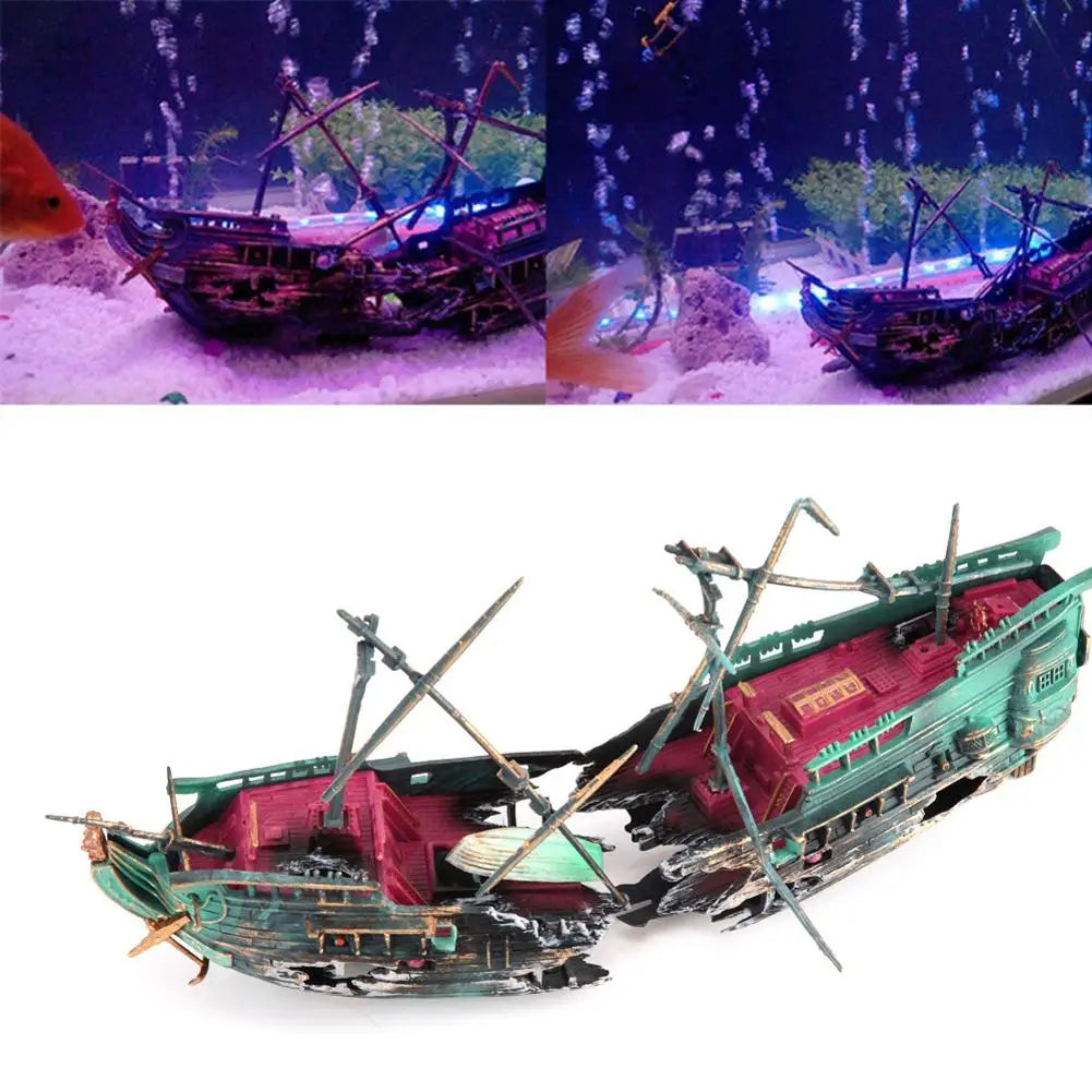 Large Aquarium Decoration Boat Plactic Aquarium Ship Air Split Shipwreck Fish Tank Decor Wreck Sunk