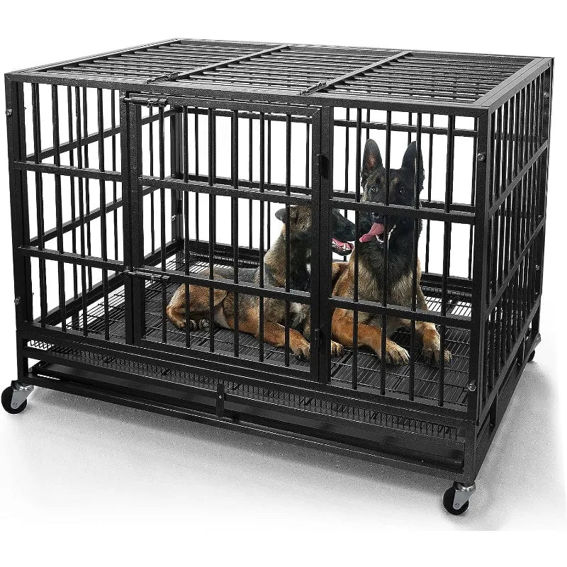 48/38 Inch Heavy Duty Dog Crate Cage with Wheels, High Anxiety Indestructible, Sturdy Locks Design