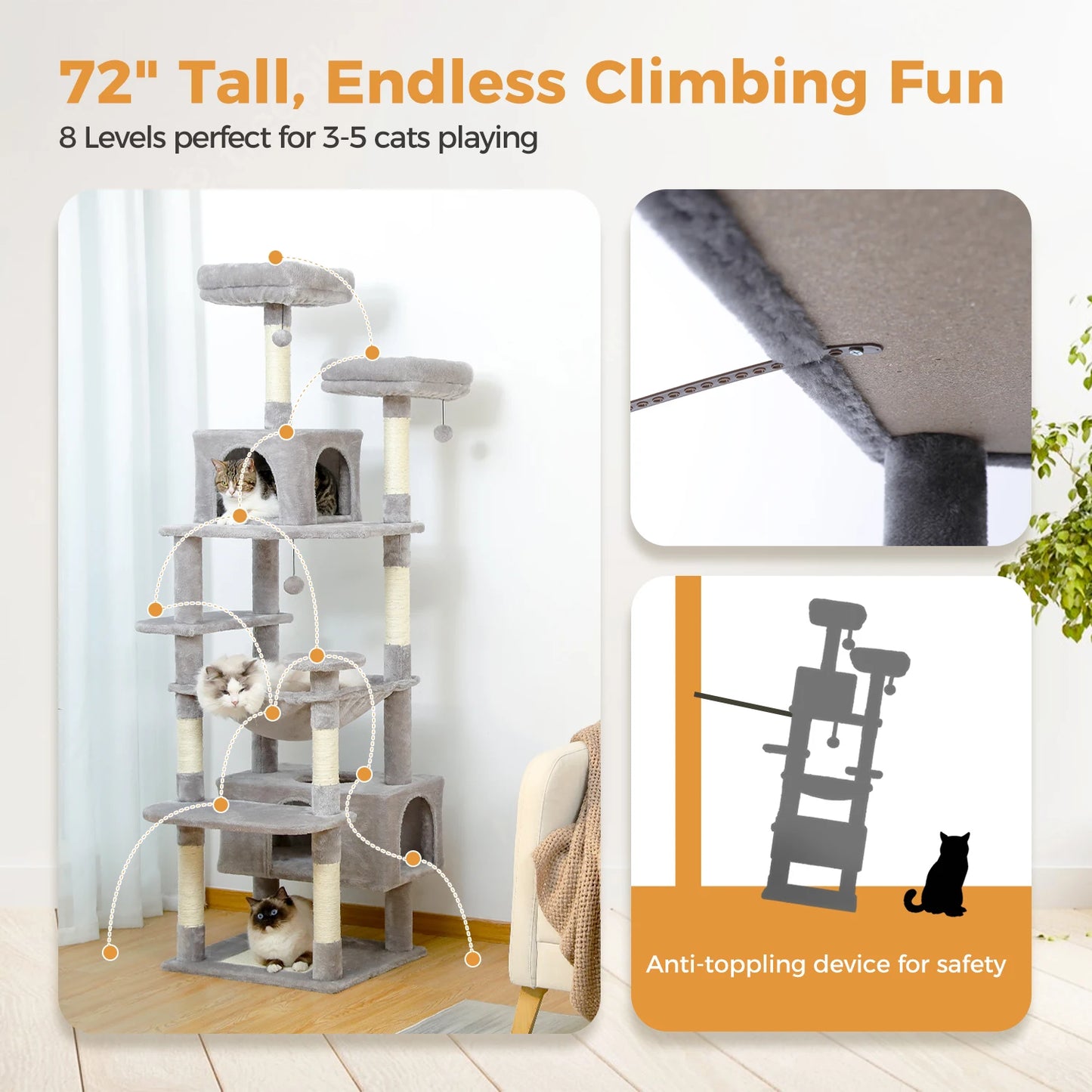 Large Cat Tree and Tower With Sisal-Covered Scratching Posts Spacious Hammock Padded Perches and Condos