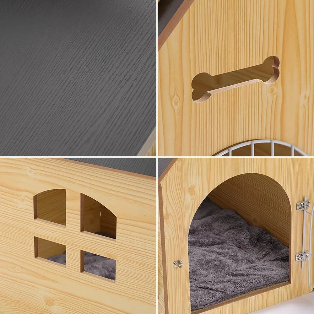 Wooden Pet House with Roof for Dogs Indoor and Outdoor Use, Easy Assemble Breathable Dog Crate