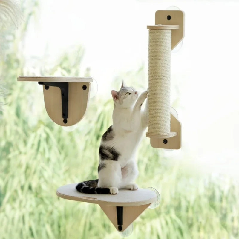 Perch Hammock with Climbing Steps and Scratching Post Wooden Window Mounted Cat Bed