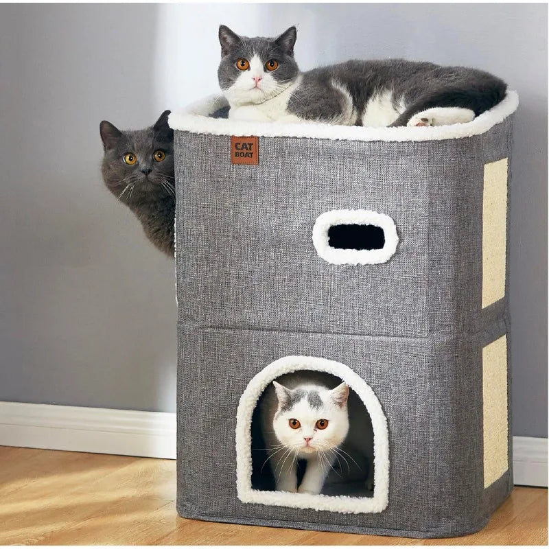 2-Storey Cat House for Indoor Cats Bed, Covered Cat Beds & Furniture with Scratch Pad and Hideaway Cave