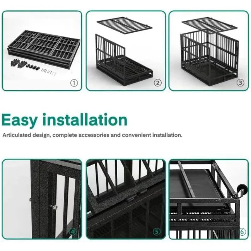 48/38 Inch Heavy Duty Dog Crate Cage with Wheels, High Anxiety Indestructible, Sturdy Locks Design