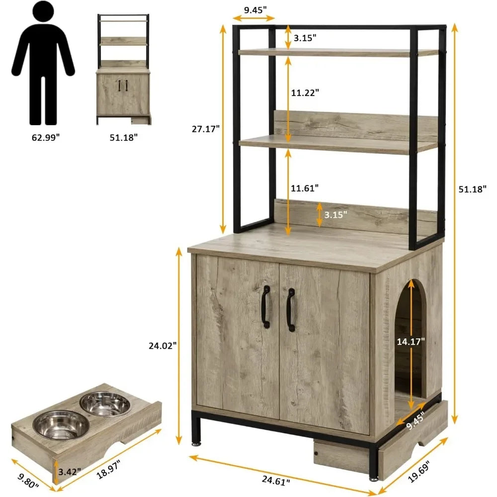 Hidden Cat Litter Box Furniture with Elevated Cat Bowls, Shelves and Doors, Wood Pet Crate Storage Cabinet