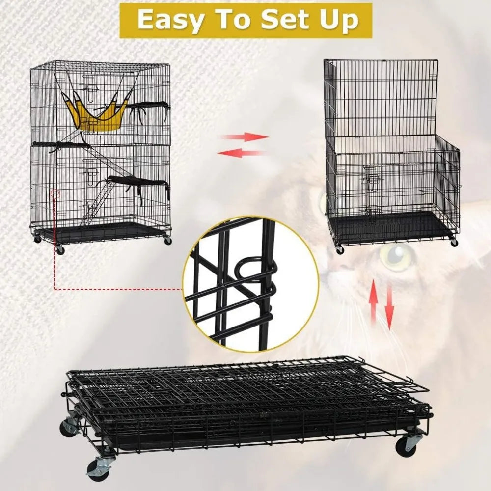 4-Tier 48 Inches Cage Crate Playpen with Free Hammock 2 Front Doors 3 Ramp Ladders Perching