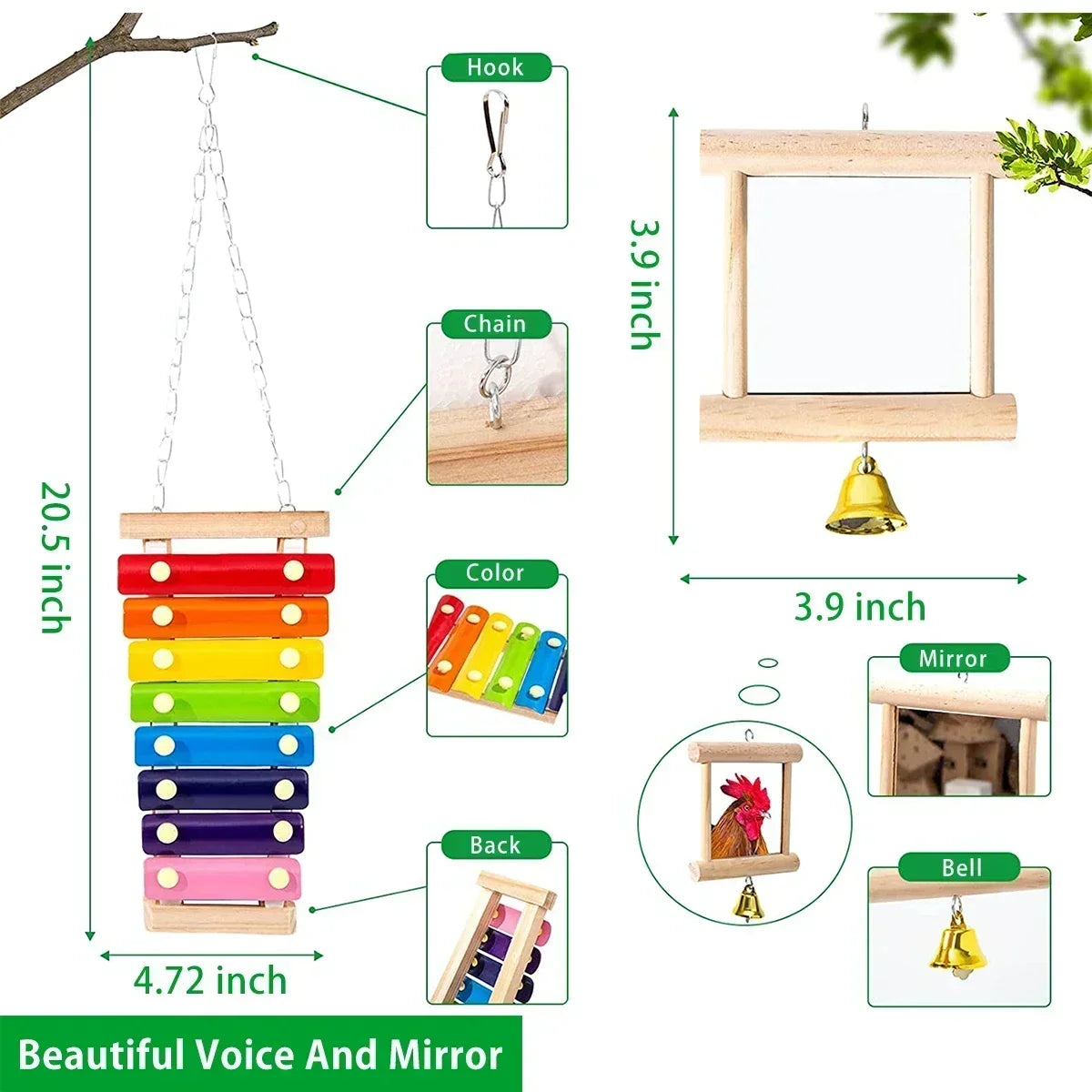 6Pcs Playing Training Toys Set Chewing Foraging Toys with Wooden Swing Fruit Vegetable Hanging Feeder