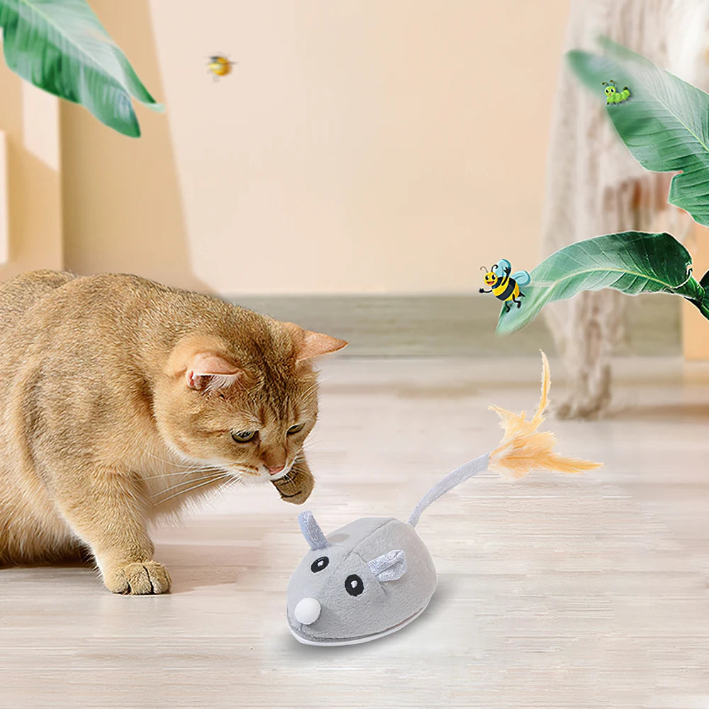 Automatic Interactive Plush Mouse Kitten Teaser Feather Toy Cute Motion Rat USB Rechargeable