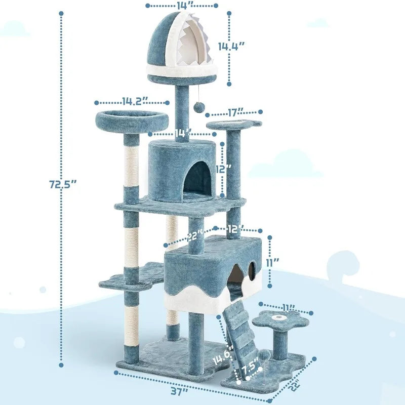 72.5inch Ocean-Themed Tree Tower, Multi-Level Large Cat Tree with Shark's Mouth Bed