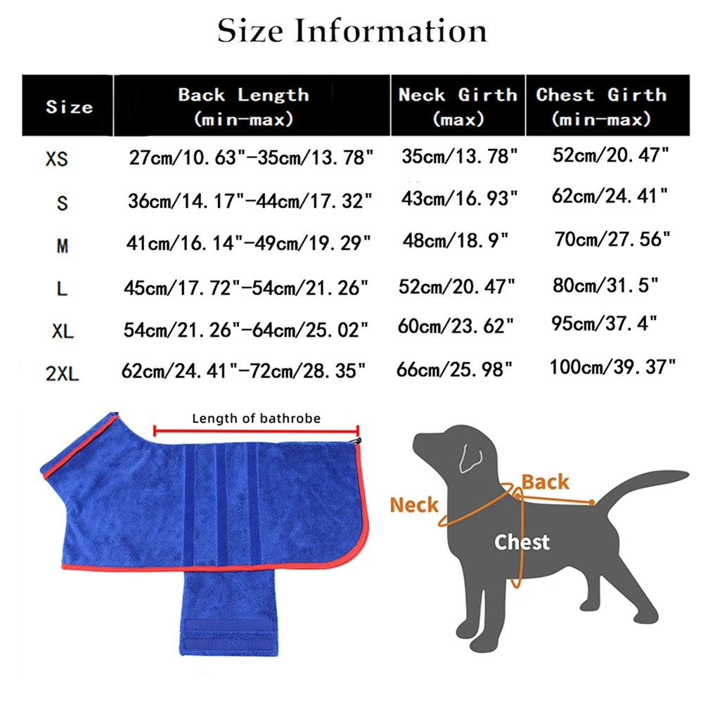 Dog Bathrobe Microfiber Quick Drying Coat Super Absorbent Luxurious Soft Bath Towel Adjustable Warm