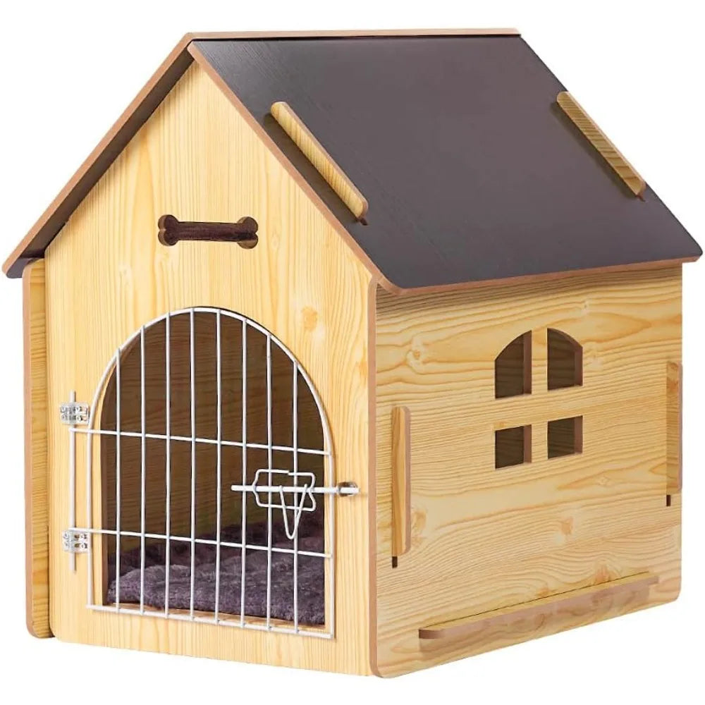 Wooden Pet House with Roof for Dogs Indoor and Outdoor Use, Easy Assemble Breathable Dog Crate