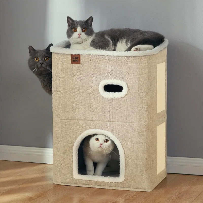 2-Storey Cat House for Indoor Cats Bed, Covered Cat Beds & Furniture with Scratch Pad and Hideaway Cave