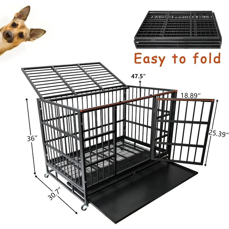 48/38 Inch Heavy Duty Dog Crate Cage with Wheels, High Anxiety Indestructible, Sturdy Locks Design