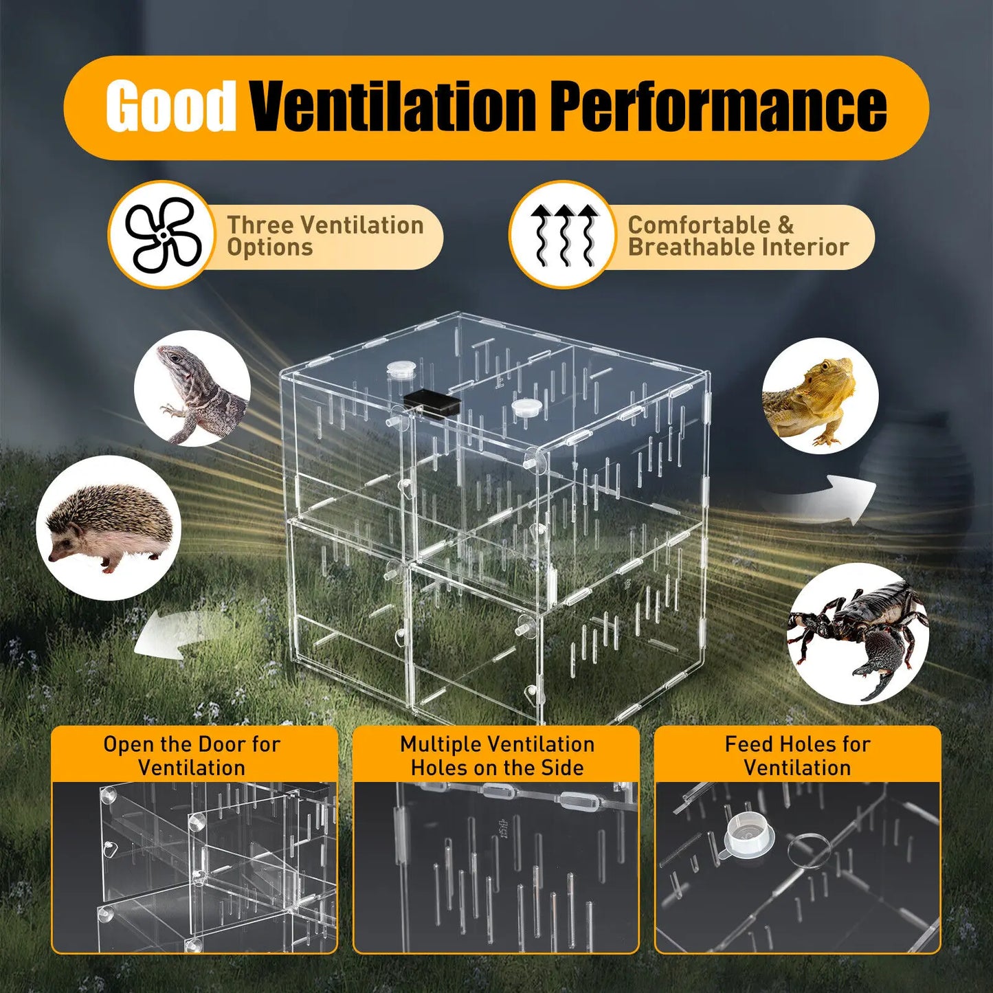 4 Grids Acrylic Pet Reptile Cage Breeding Box Terrarium Tank Clear