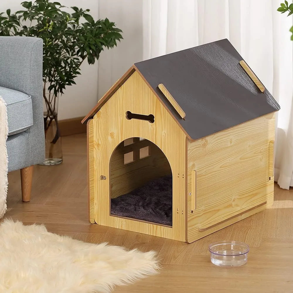 Wooden Pet House with Roof for Dogs Indoor and Outdoor Use, Easy Assemble Breathable Dog Crate