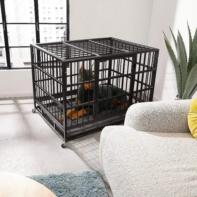 48/38 Inch Heavy Duty Dog Crate Cage with Wheels, High Anxiety Indestructible, Sturdy Locks Design