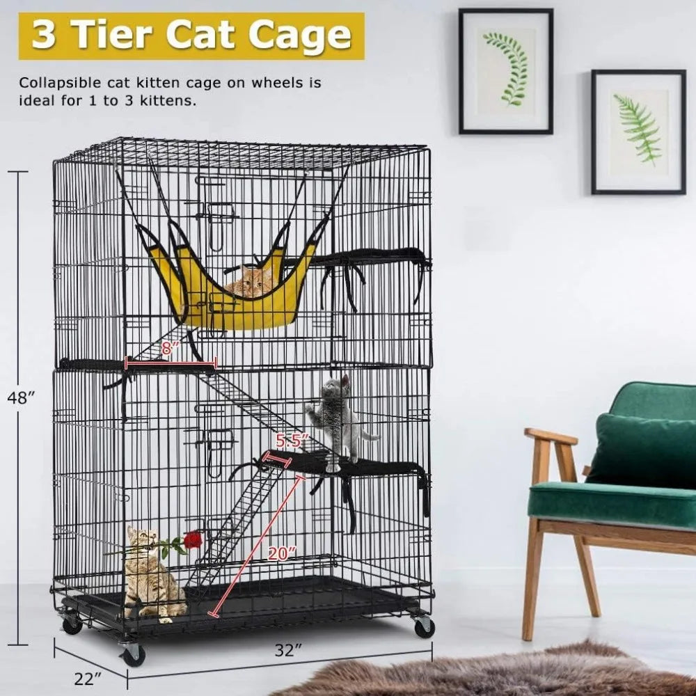 4-Tier 48 Inches Cage Crate Playpen with Free Hammock 2 Front Doors 3 Ramp Ladders Perching