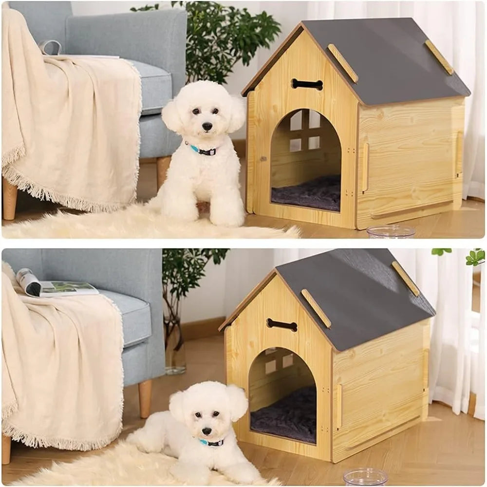 Wooden Pet House with Roof for Dogs Indoor and Outdoor Use, Easy Assemble Breathable Dog Crate