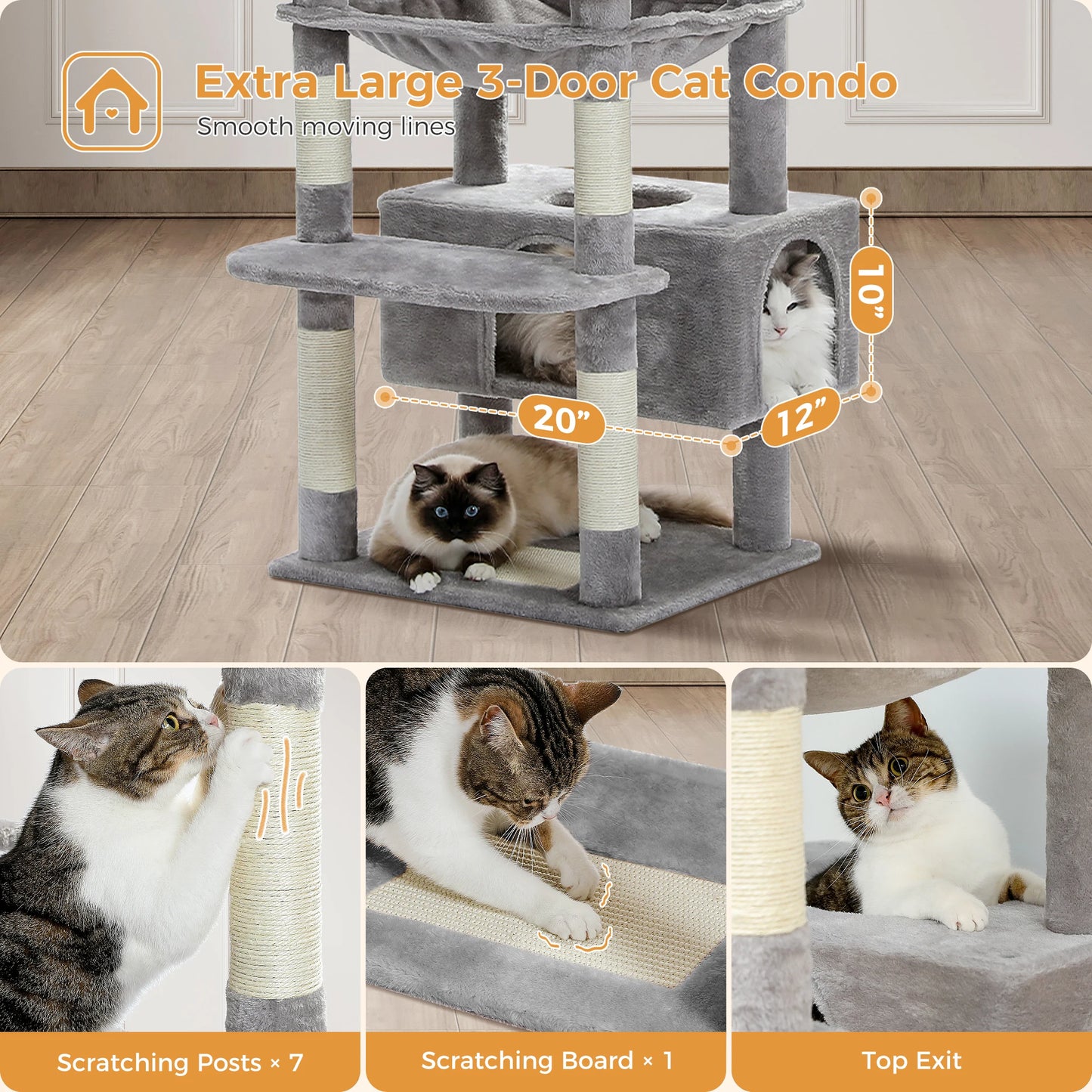 Large Cat Tree and Tower With Sisal-Covered Scratching Posts Spacious Hammock Padded Perches and Condos