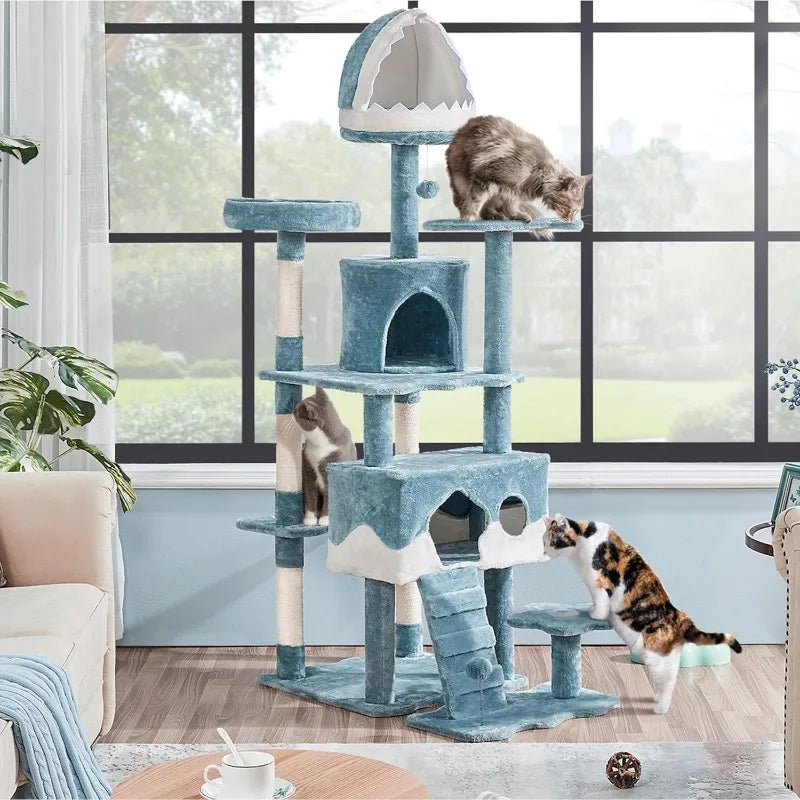 72.5inch Ocean-Themed Tree Tower, Multi-Level Large Cat Tree with Shark's Mouth Bed