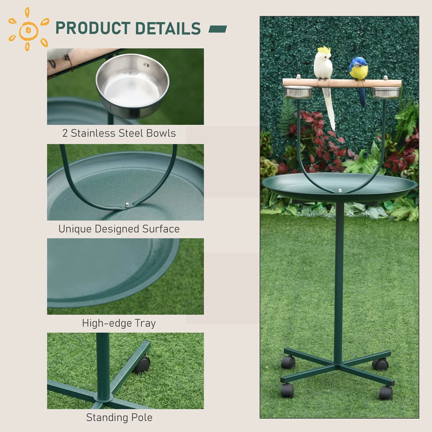 Bird Parrot Game Stand Cockatoo Gym Perch Metal Pet Feeder with Bowl Wheels -