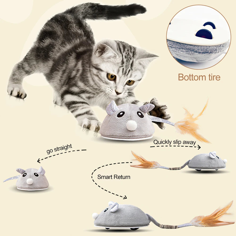 Automatic Interactive Plush Mouse Kitten Teaser Feather Toy Cute Motion Rat USB Rechargeable