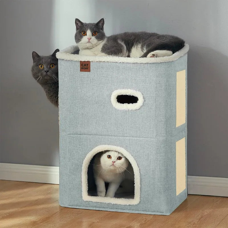 2-Storey Cat House for Indoor Cats Bed, Covered Cat Beds & Furniture with Scratch Pad and Hideaway Cave