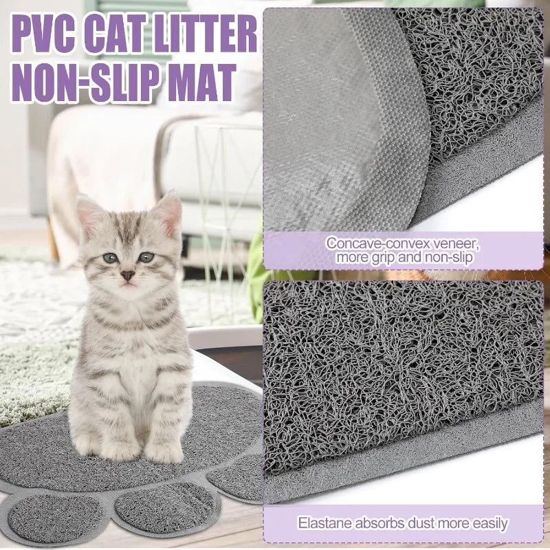 7 Pcs Starter Kit Litter Box with Shovel Cat Paw Mat Double Automatic Cat Bowls Toy Teaser Stick