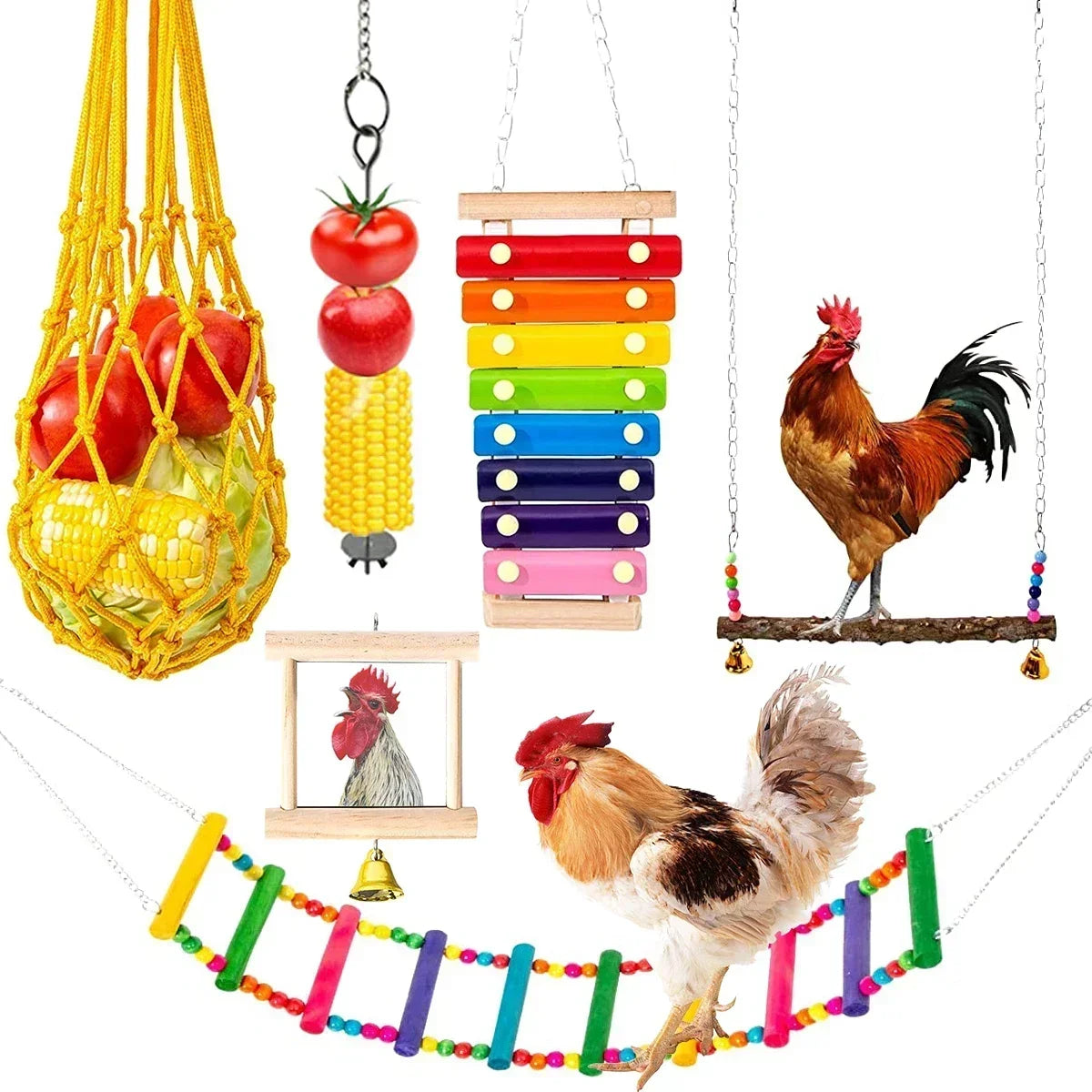 6Pcs Playing Training Toys Set Chewing Foraging Toys with Wooden Swing Fruit Vegetable Hanging Feeder