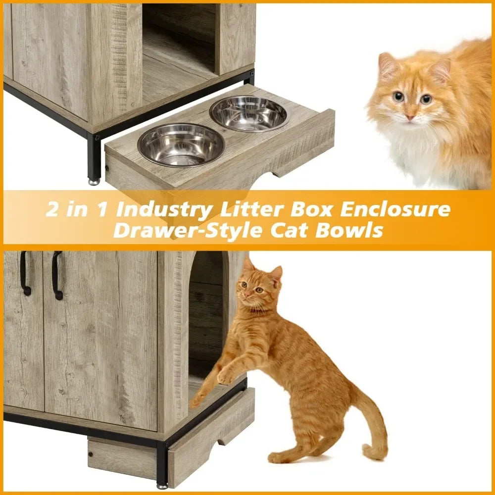 Hidden Cat Litter Box Furniture with Elevated Cat Bowls, Shelves and Doors, Wood Pet Crate Storage Cabinet