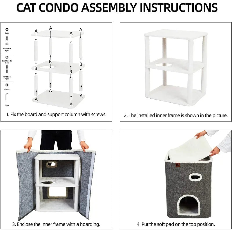 2-Storey Cat House for Indoor Cats Bed, Covered Cat Beds & Furniture with Scratch Pad and Hideaway Cave