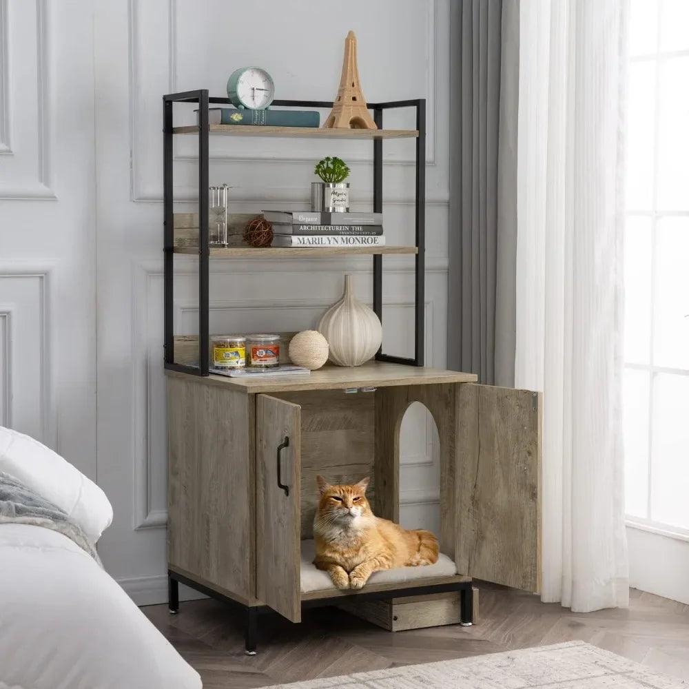 Hidden Cat Litter Box Furniture with Elevated Cat Bowls, Shelves and Doors, Wood Pet Crate Storage Cabinet