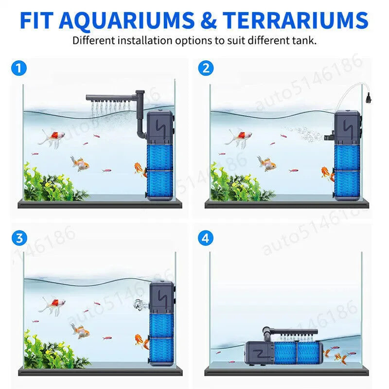 4-in-1 Internal Aquarium Fish Tank Filter Submersible Water Pump Oxygen Improve Water circulation