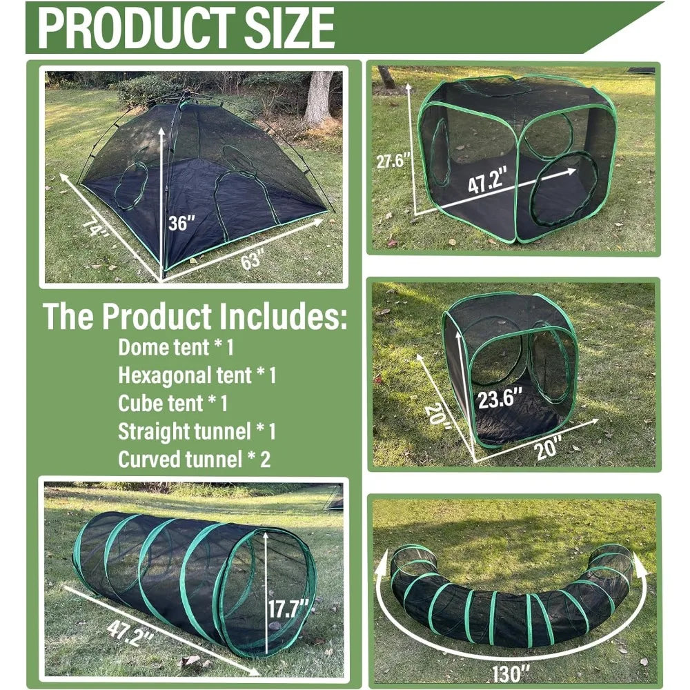 6-in-1 Outdoor Cat Play Tents and Tunnels - Portable Cat Enclosures and Playpen With 3 Tents and 3 Tunnels