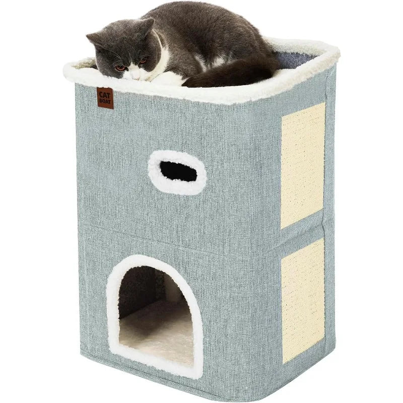 2-Storey Cat House for Indoor Cats Bed, Covered Cat Beds & Furniture with Scratch Pad and Hideaway Cave