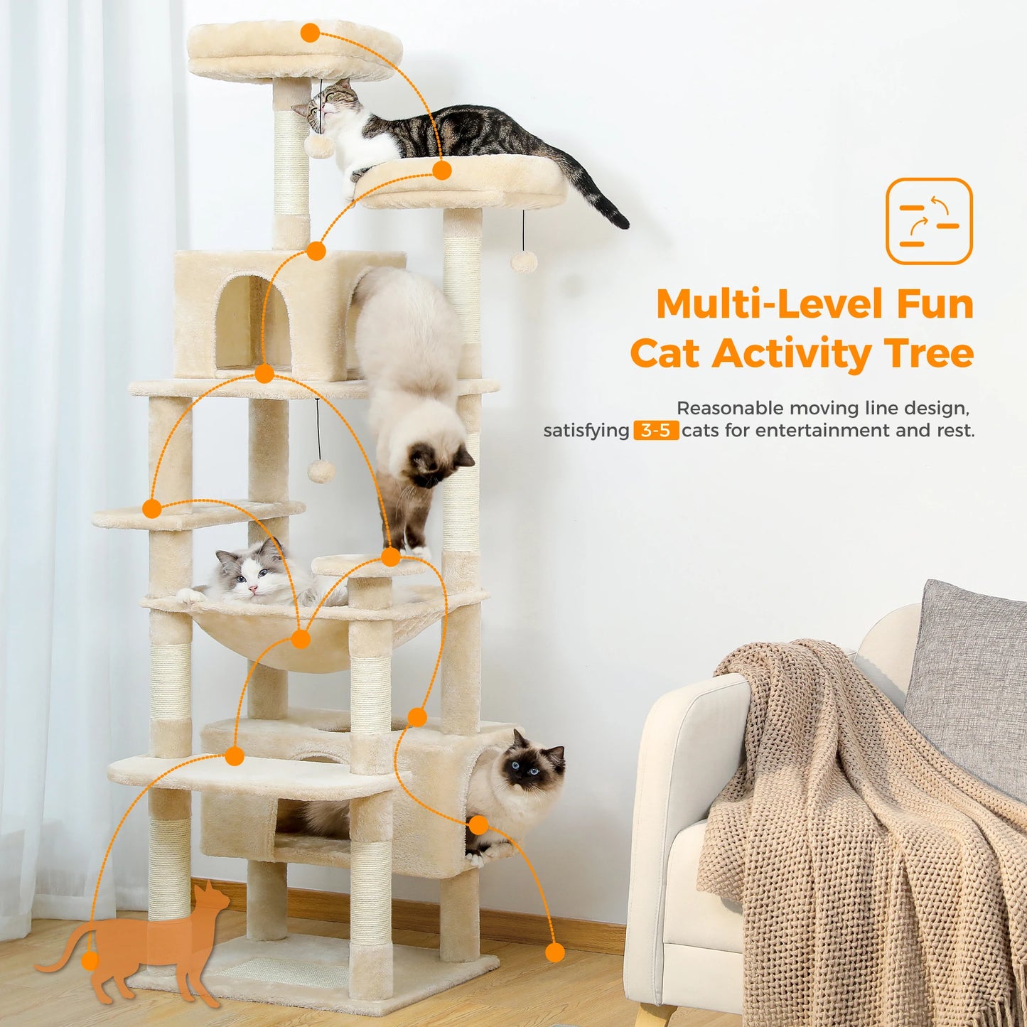 Large Cat Tree and Tower With Sisal-Covered Scratching Posts Spacious Hammock Padded Perches and Condos