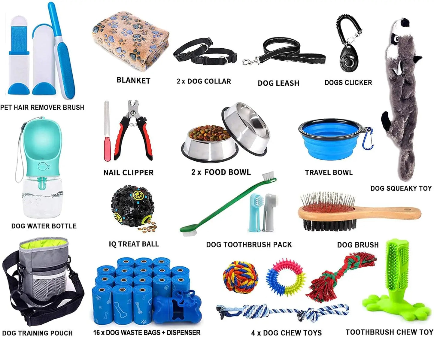 39-Piece Set of Puppy Essentials and Dog Stuff. Includes Dog Leash, Toys, Bowl, Brushes, Water Bottles,and More