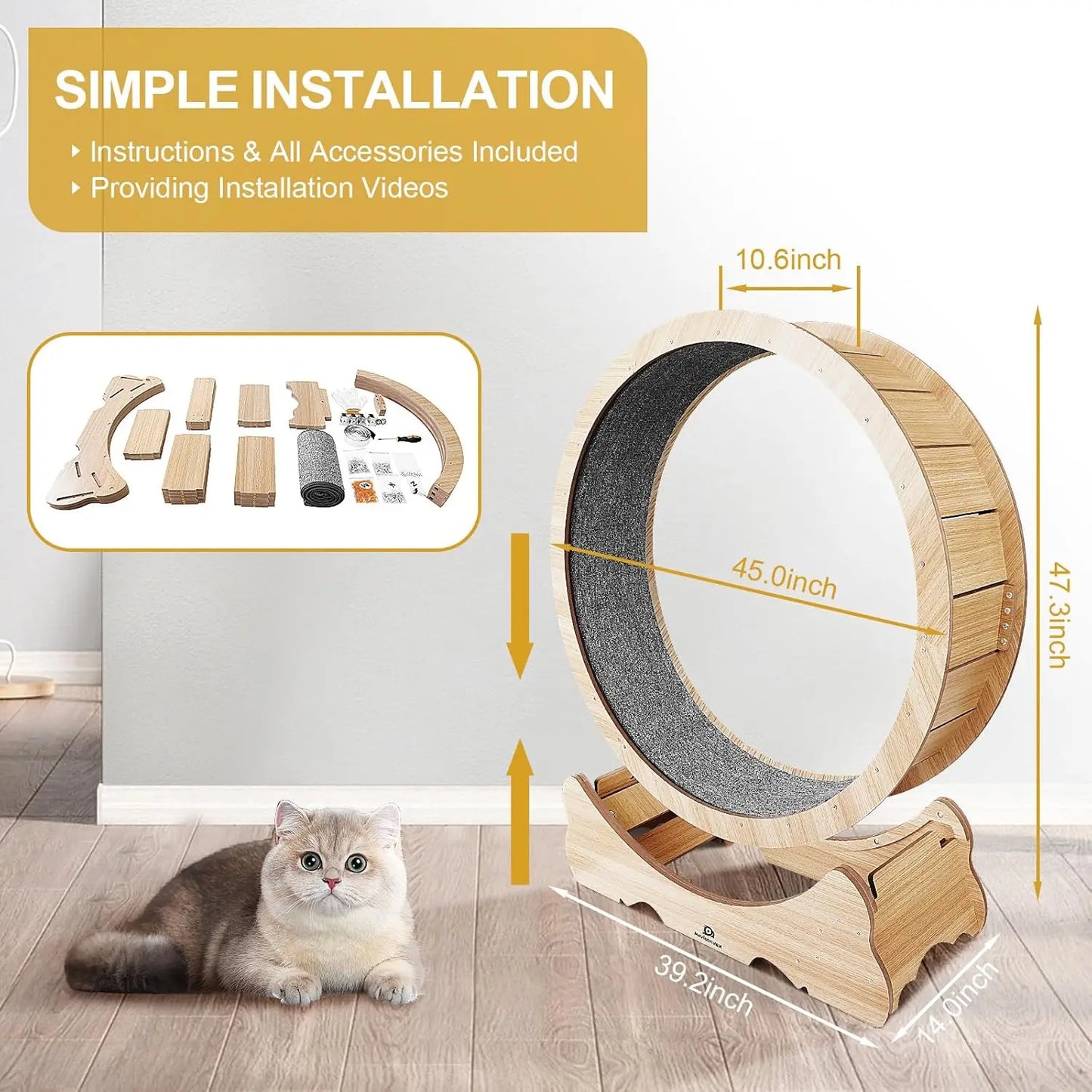 Cat Exercise Wheel with Carpeted Runway, Running Wheel for Indoor Cats