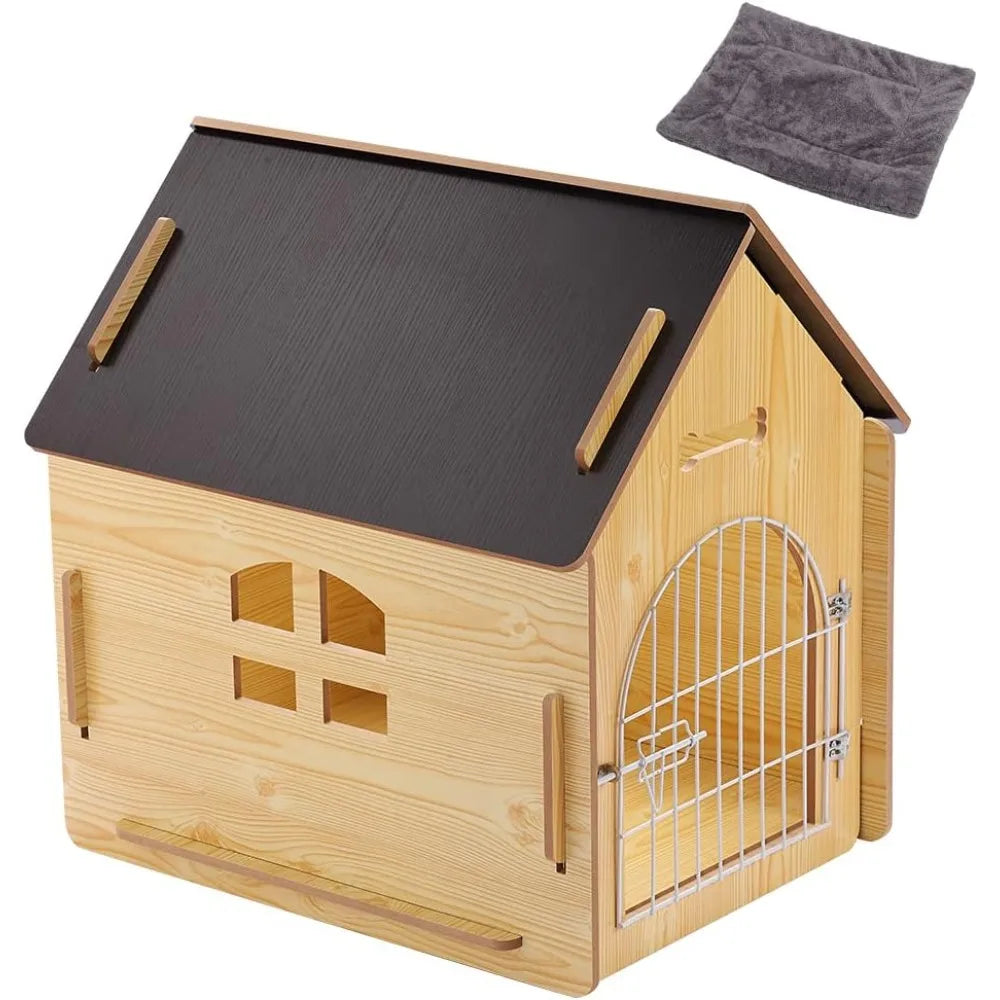 Wooden Pet House with Roof for Dogs Indoor and Outdoor Use, Easy Assemble Breathable Dog Crate