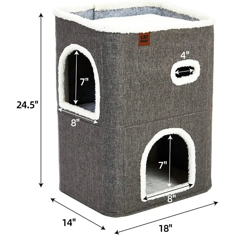 2-Storey Cat House for Indoor Cats Bed, Covered Cat Beds & Furniture with Scratch Pad and Hideaway Cave