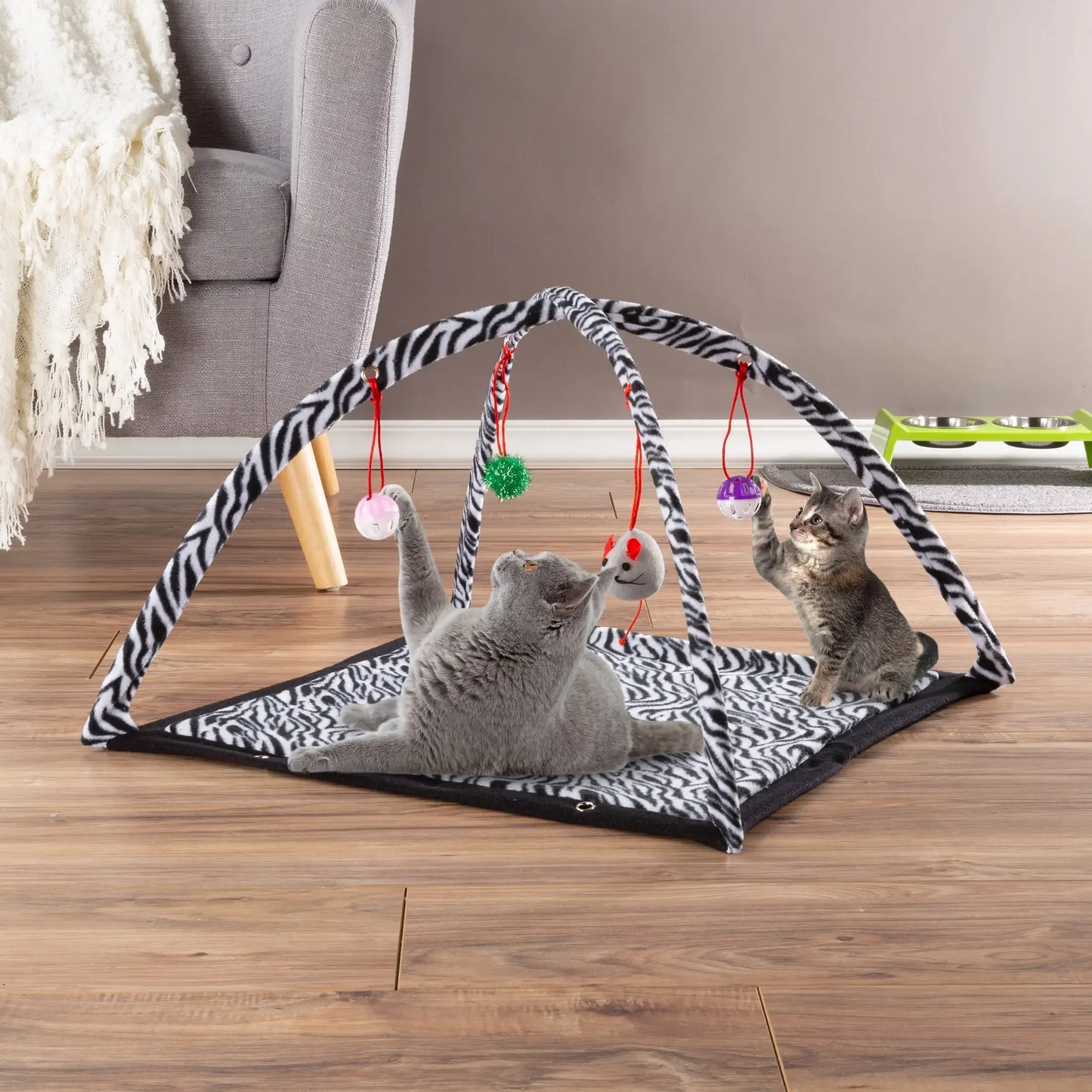 Cat Activity Center Interactive Play Area with Fleece Mat, Hanging Toys and Foldable Design for Exercise or Napping