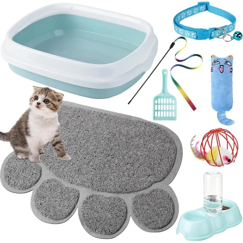 7 Pcs Starter Kit Litter Box with Shovel Cat Paw Mat Double Automatic Cat Bowls Toy Teaser Stick