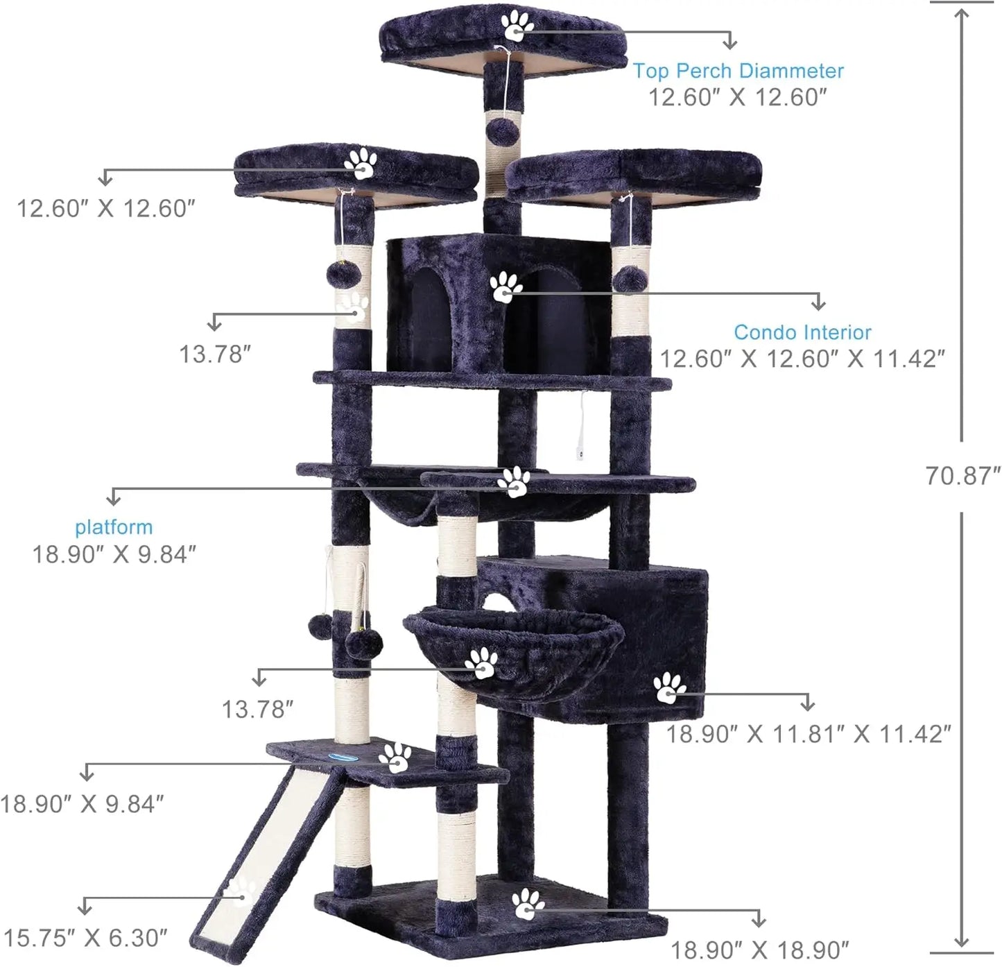 71 inches XL Large Cat Tower Multi-Level Cat House with 3 Padded Perches, Big Scratcher,