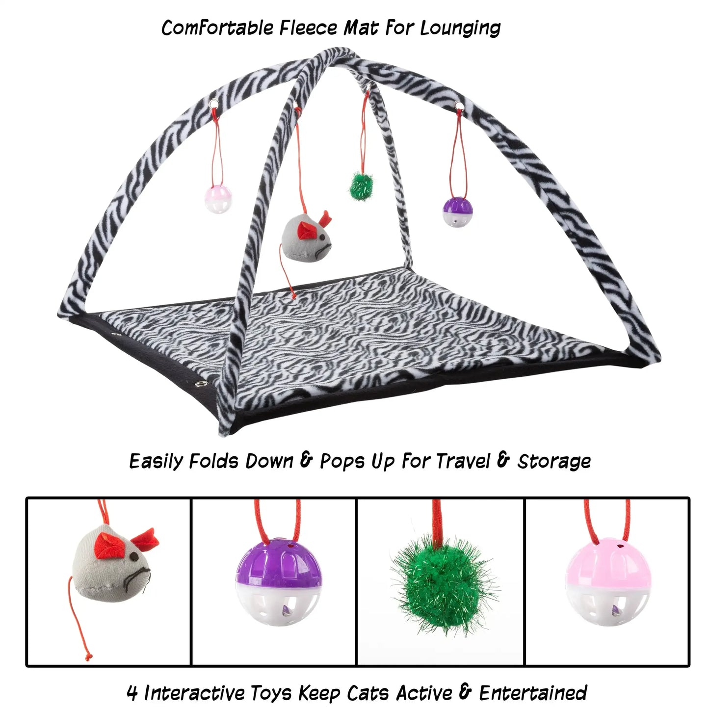 Cat Activity Center Interactive Play Area with Fleece Mat, Hanging Toys and Foldable Design for Exercise or Napping