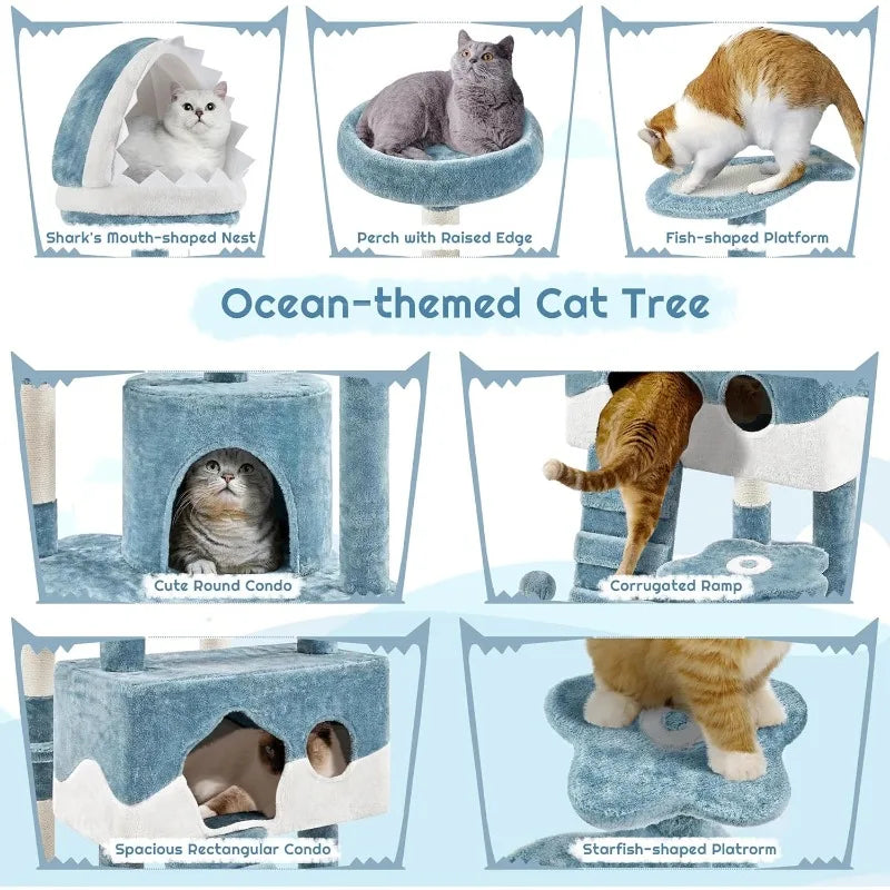 72.5inch Ocean-Themed Tree Tower, Multi-Level Large Cat Tree with Shark's Mouth Bed