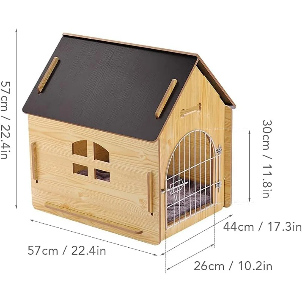 Wooden Pet House with Roof for Dogs Indoor and Outdoor Use, Easy Assemble Breathable Dog Crate