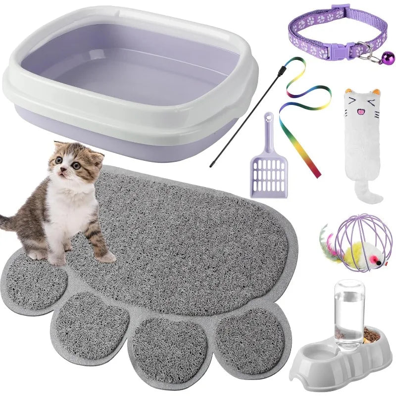 7 Pcs Starter Kit Litter Box with Shovel Cat Paw Mat Double Automatic Cat Bowls Toy Teaser Stick