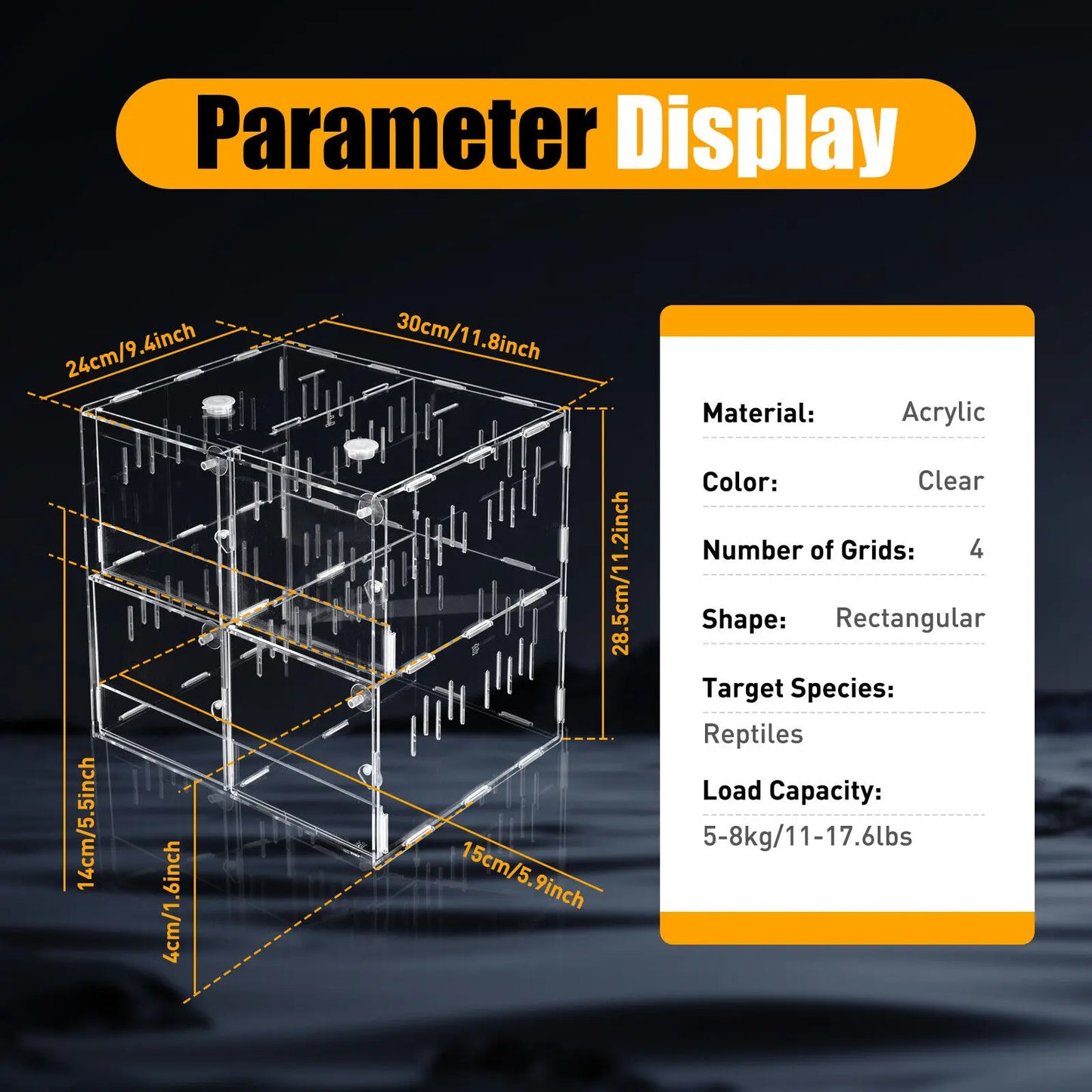 4 Grids Acrylic Pet Reptile Cage Breeding Box Terrarium Tank Clear