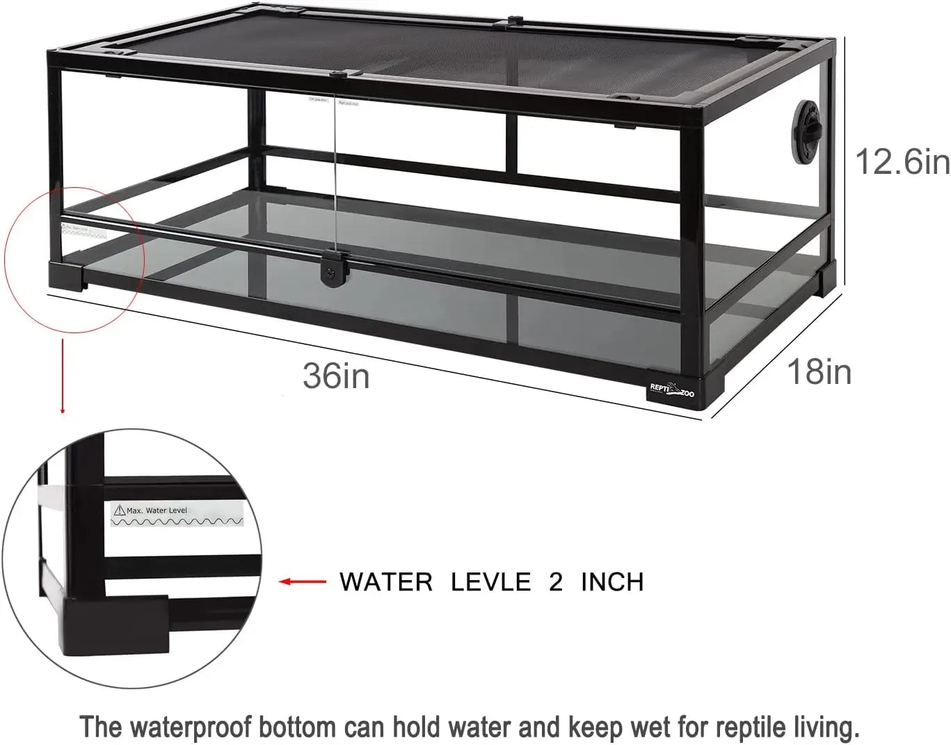 Full Glass 35 Gallon Reptile Tank Front Opening Wide & Low Terrarium 36" x 18"x 12"