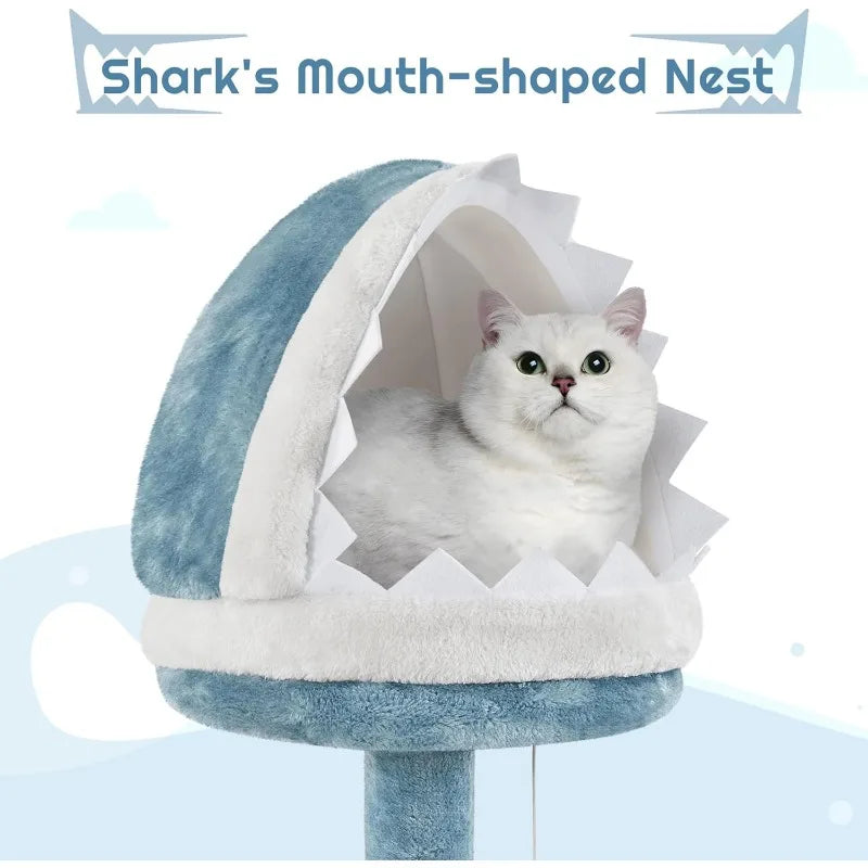 72.5inch Ocean-Themed Tree Tower, Multi-Level Large Cat Tree with Shark's Mouth Bed